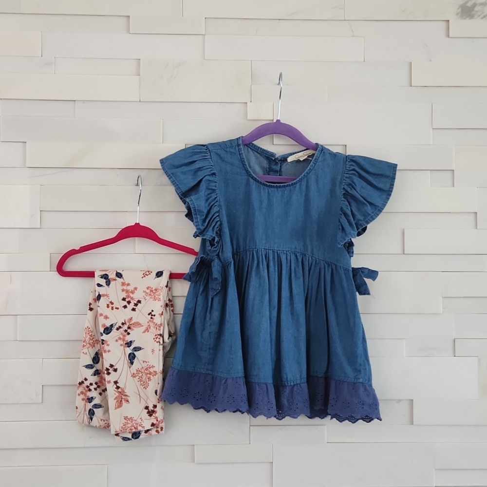 JESSICA SIMPSON 2 PIECE SET. DENIM TOP WITH LACE TRIM,CUTE FLORAL PANTS SIZE 6